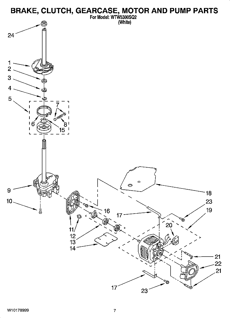 BRAKE, CLUTCH, GEARCASE, MOTOR AND PUMP PARTS Diagram and Parts List for WTW5300SQ2  Whirlpool Washer