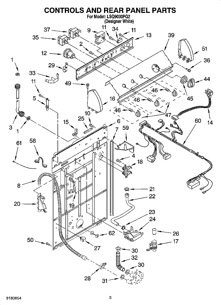 CONTROLS AND REAR PANEL PARTS Diagram and Parts List for LSQ9030PQ2  Whirlpool Washer