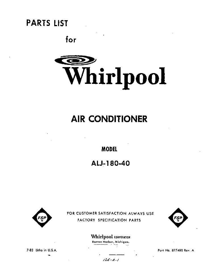 SECTION Diagram and Parts List for ALJ18040  Whirlpool Air Conditioner