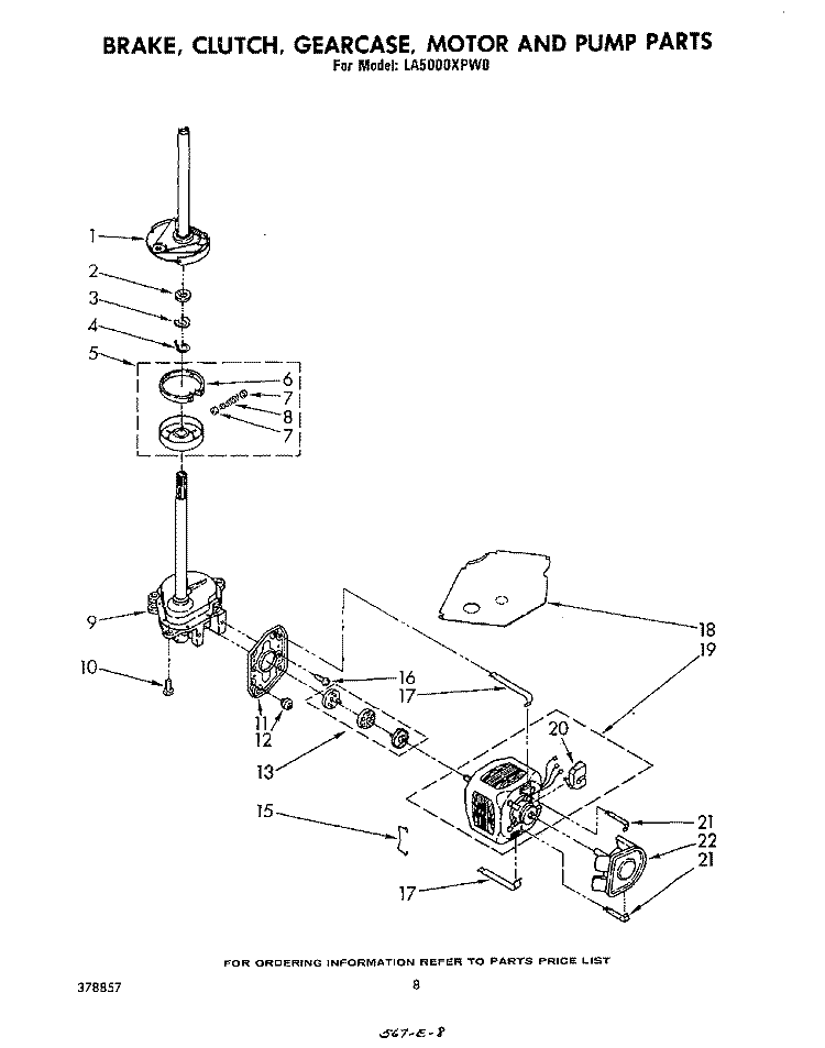 BRAKE, CLUTCH, GEARCASE, MOTOR AND PUMP Diagram and Parts List for LA5000XPW0  Whirlpool Washer
