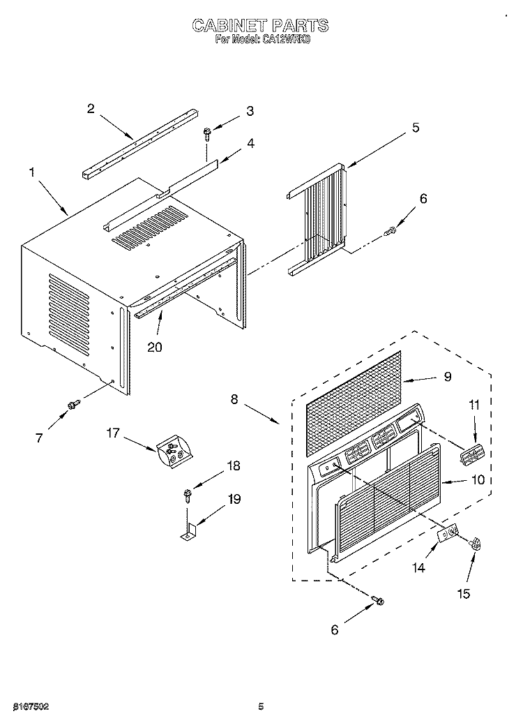 CABINET Diagram and Parts List for CA12WRK0  Crosley Air Conditioner