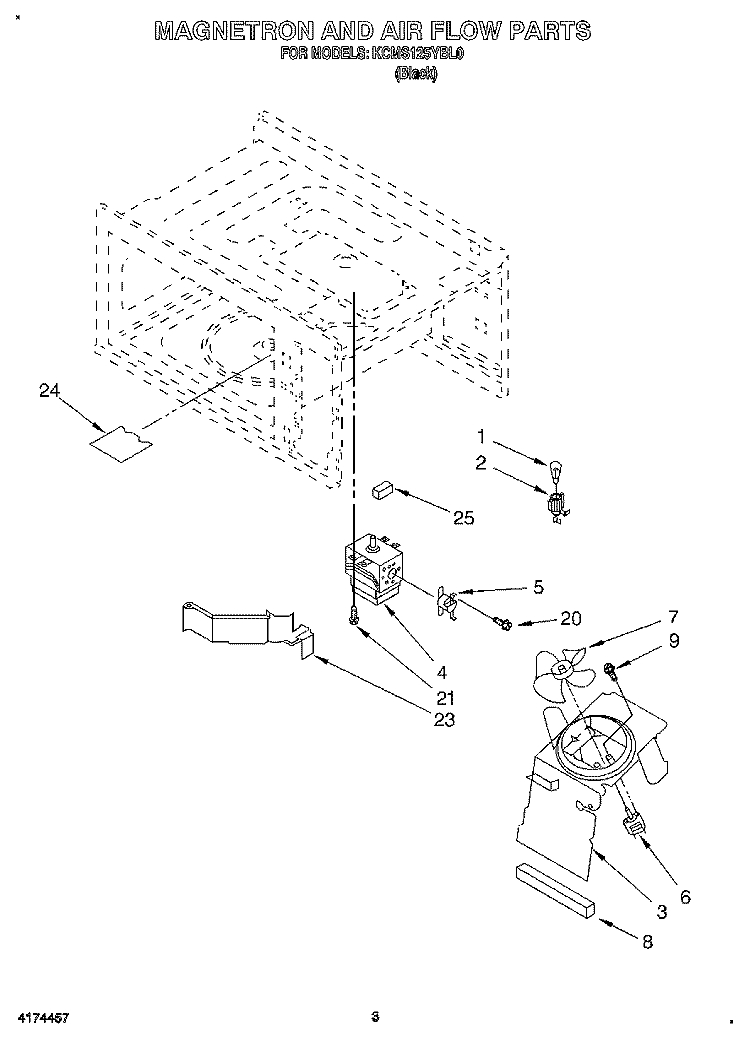 MAGNETRON AND AIR FLOW Diagram and Parts List for KCMS125YBL0  KitchenAid Microwave