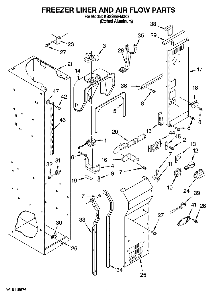FREEZER LINER AND AIR FLOW PARTS Diagram and Parts List for KSSS36FMX03  KitchenAid Refrigerator