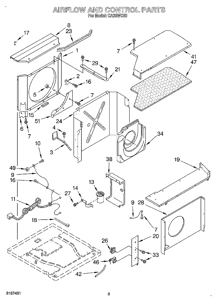 AIR FLOW AND CONTROL Diagram and Parts List for CA29WC00  Whirlpool Air Conditioner