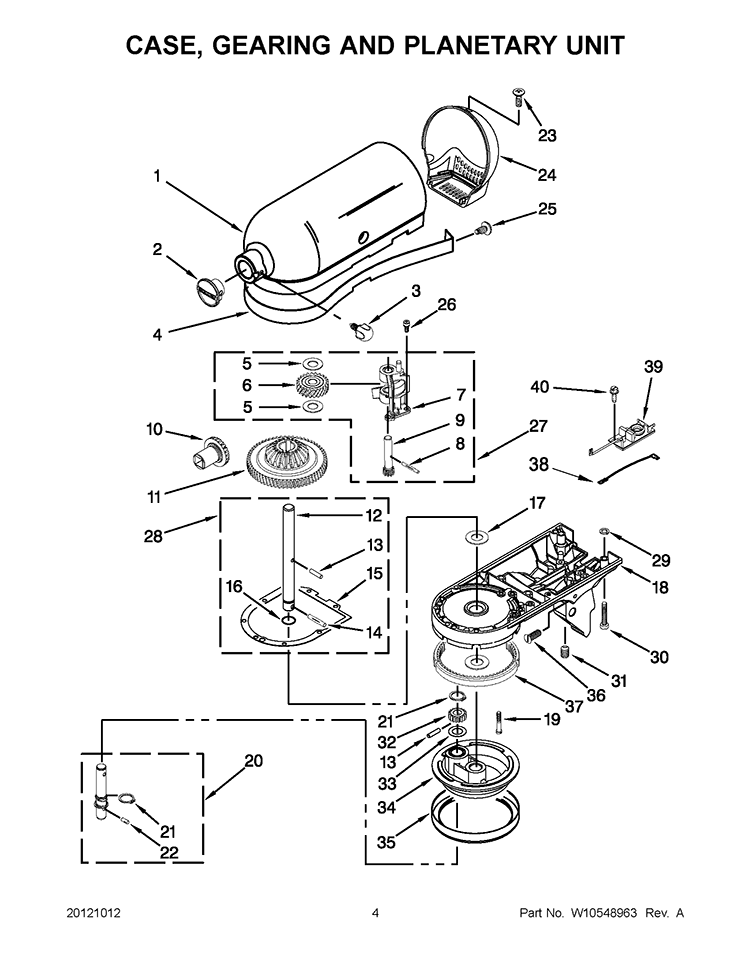 CASE, GEARING AND PLANETARY UNIT Diagram and Parts List for 5KSM150PSZER0  KitchenAid Mixer
