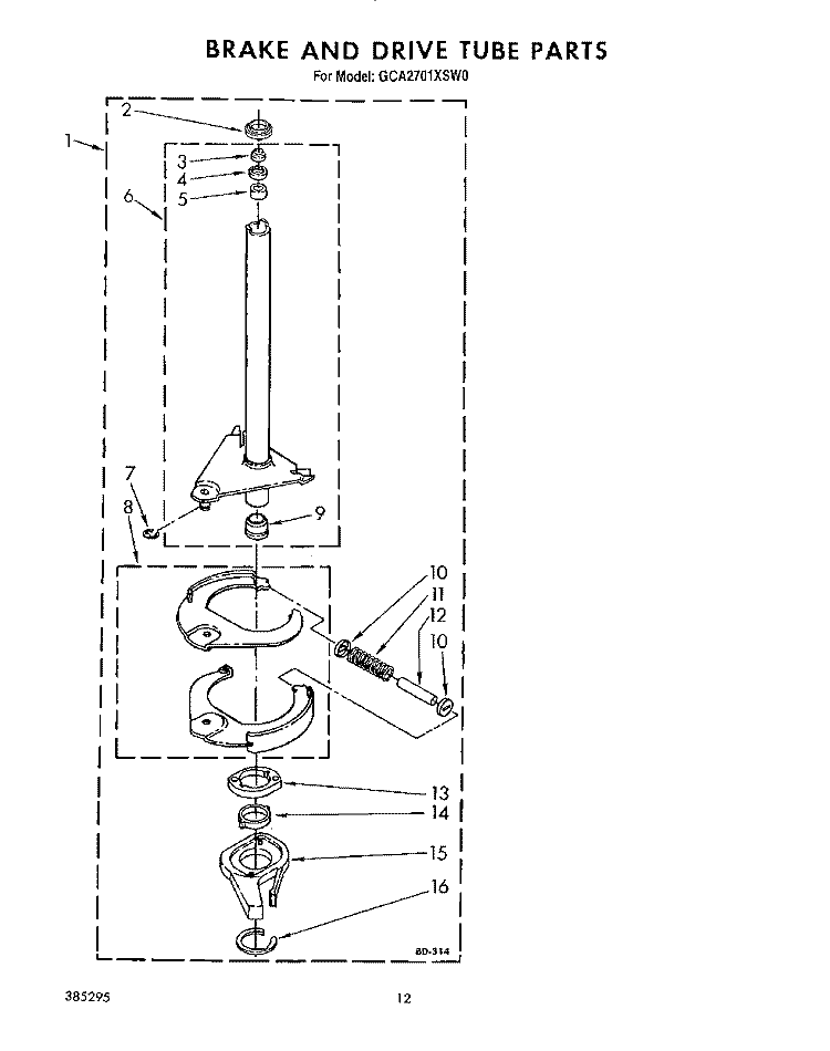 BRAKE AND DRIVE TUBE Diagram and Parts List for GCA2701XSW0  Whirlpool Washer