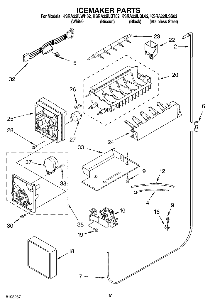 ICEMAKER PARTS Diagram and Parts List for KSRA22ILBL02  KitchenAid Refrigerator