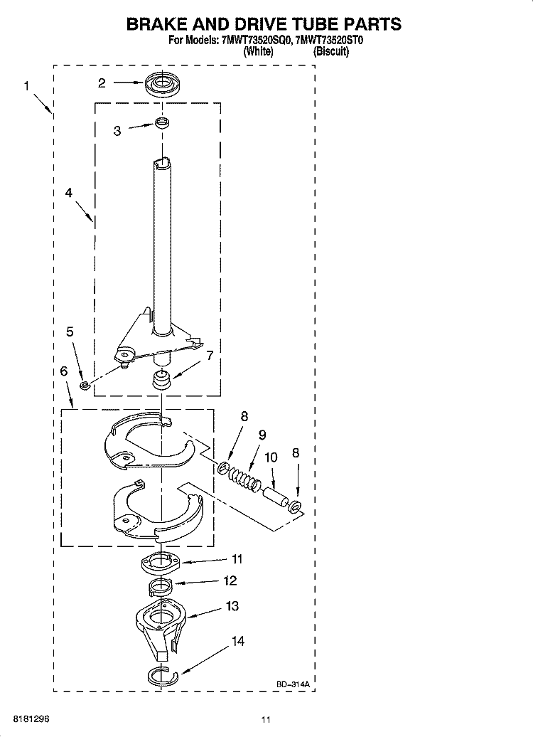 BRAKE AND DRIVE TUBE PARTS Diagram and Parts List for 7MWT73520SQ0  Whirlpool Washer