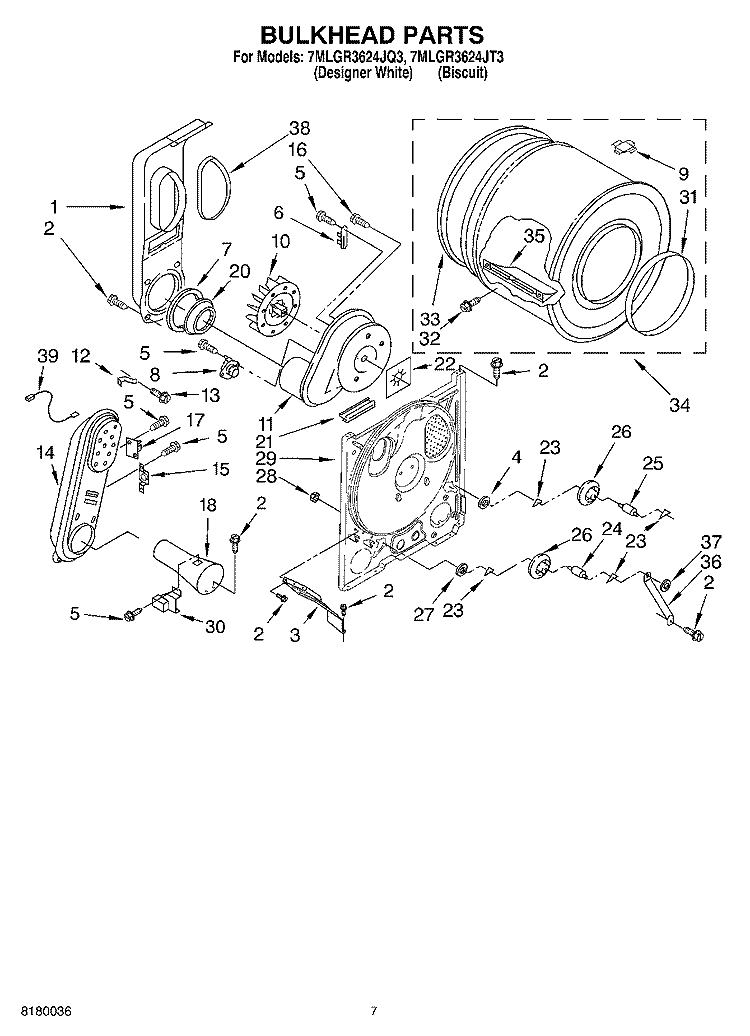 BULKHEAD PARTS Diagram and Parts List for 7MLGR3624JT3  Whirlpool Dryer