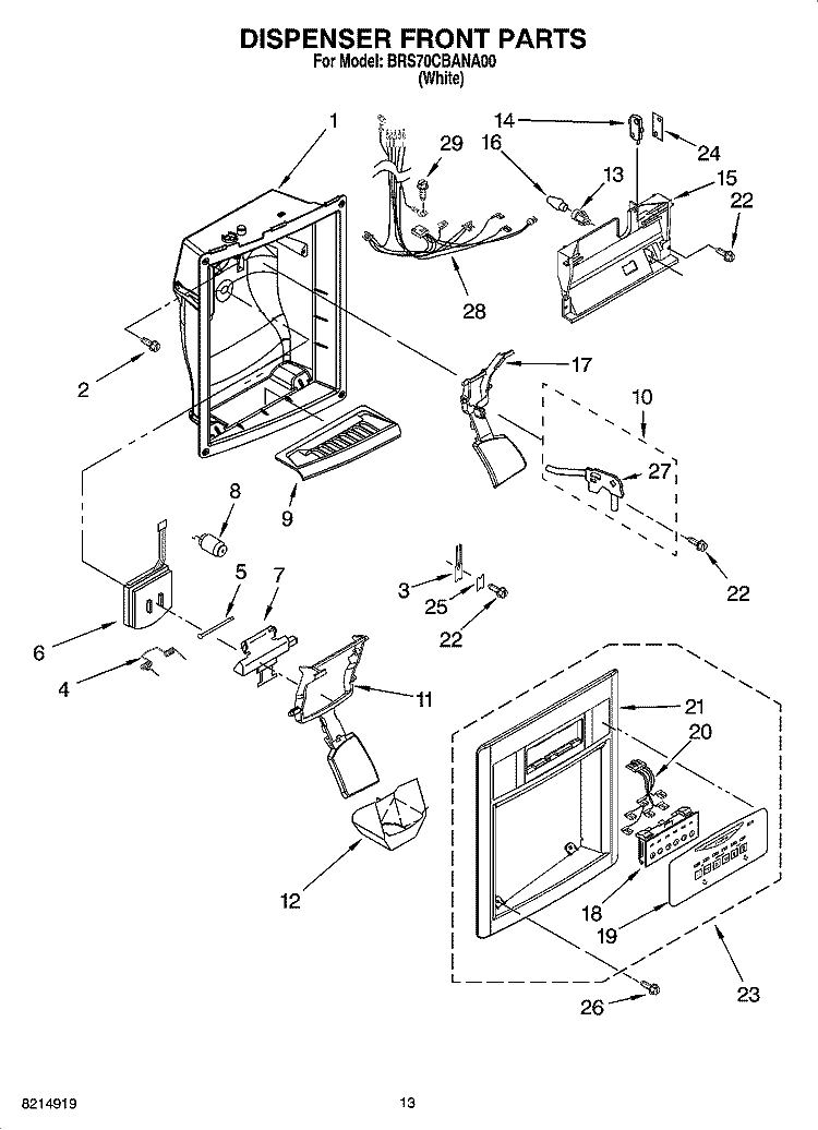 DISPENSER FRONT PARTS Diagram and Parts List for BRS70CBANA00  Whirlpool Refrigerator