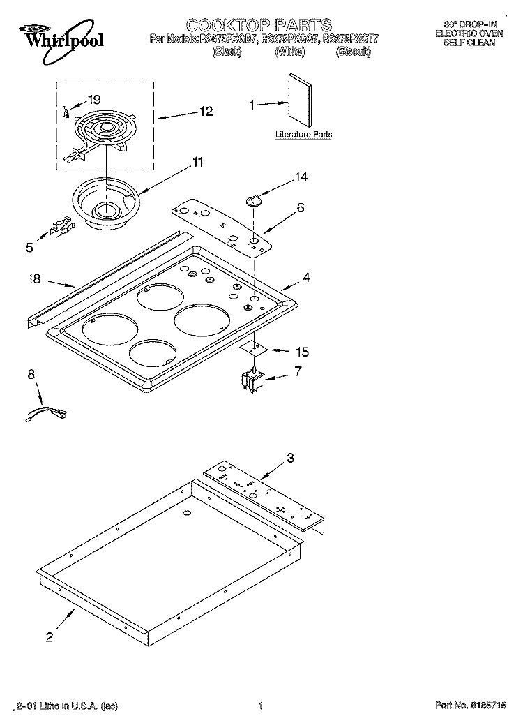COOKTOP, LITERATURE Diagram and Parts List for RS675PXGT7  Whirlpool Range