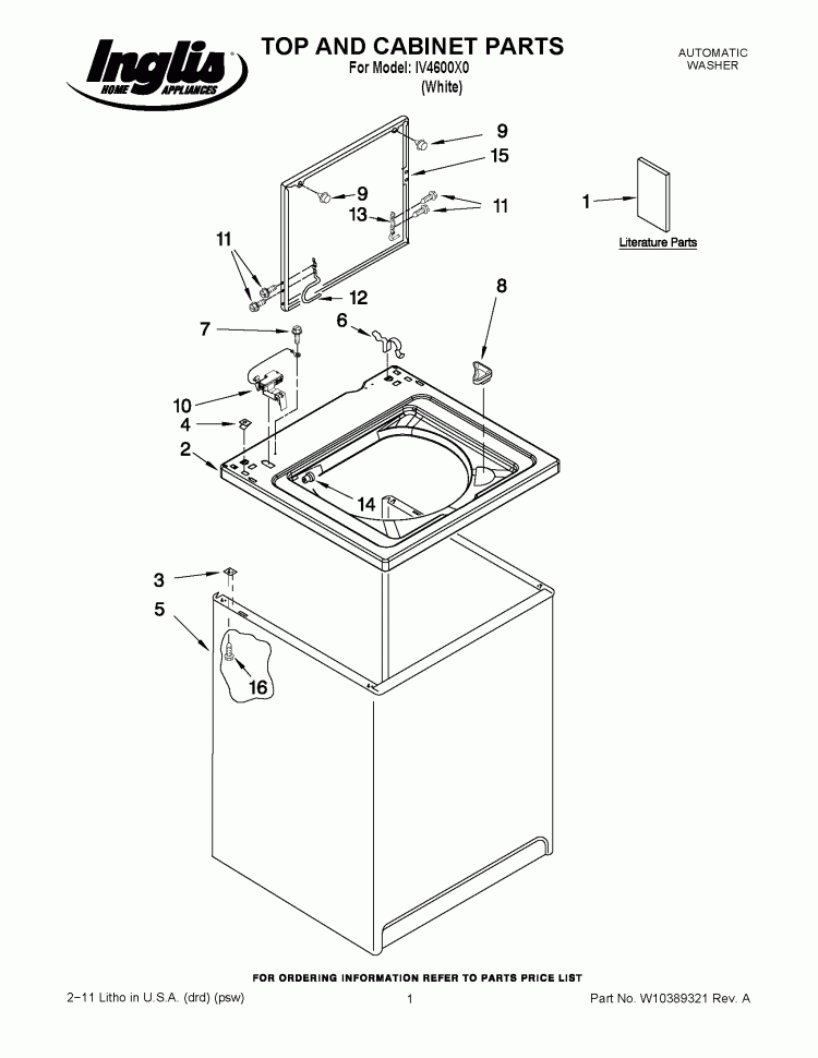TOP AND CABINET PARTS Diagram and Parts List for IV4600X0  Inglis Washer