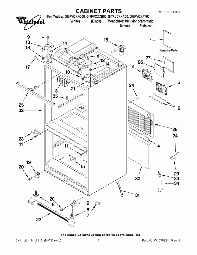 CABINET PARTS Diagram and Parts List for GI7FVCXXA00  Whirlpool Refrigerator
