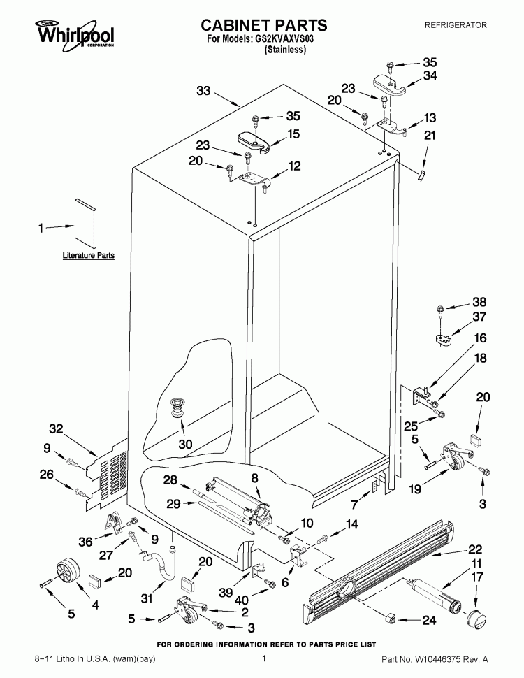 CABINET PARTS Diagram and Parts List for GS2KVAXVS03  Whirlpool Refrigerator