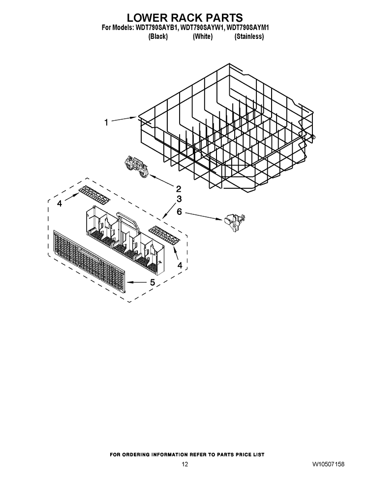 LOWER RACK PARTS Diagram and Parts List for WDT790SAYM1  Whirlpool Dishwasher