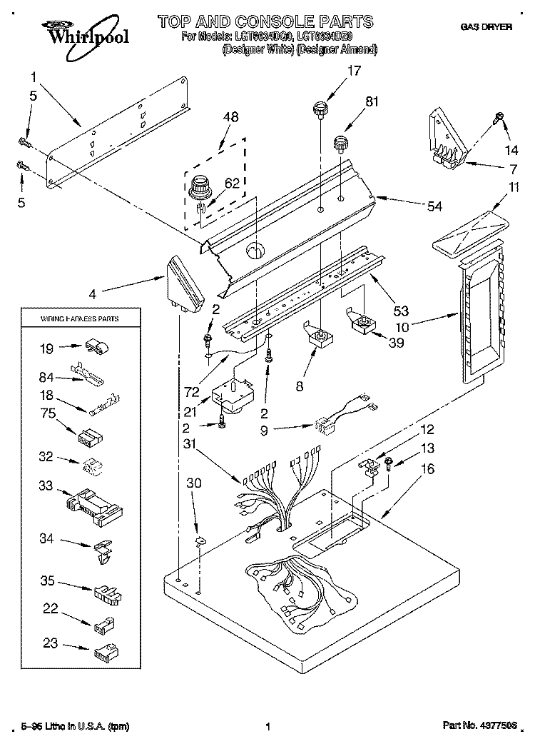 TOP AND CONSOLE, LIT/OPTIONAL Diagram and Parts List for LGT6634DZ0  Whirlpool Dryer