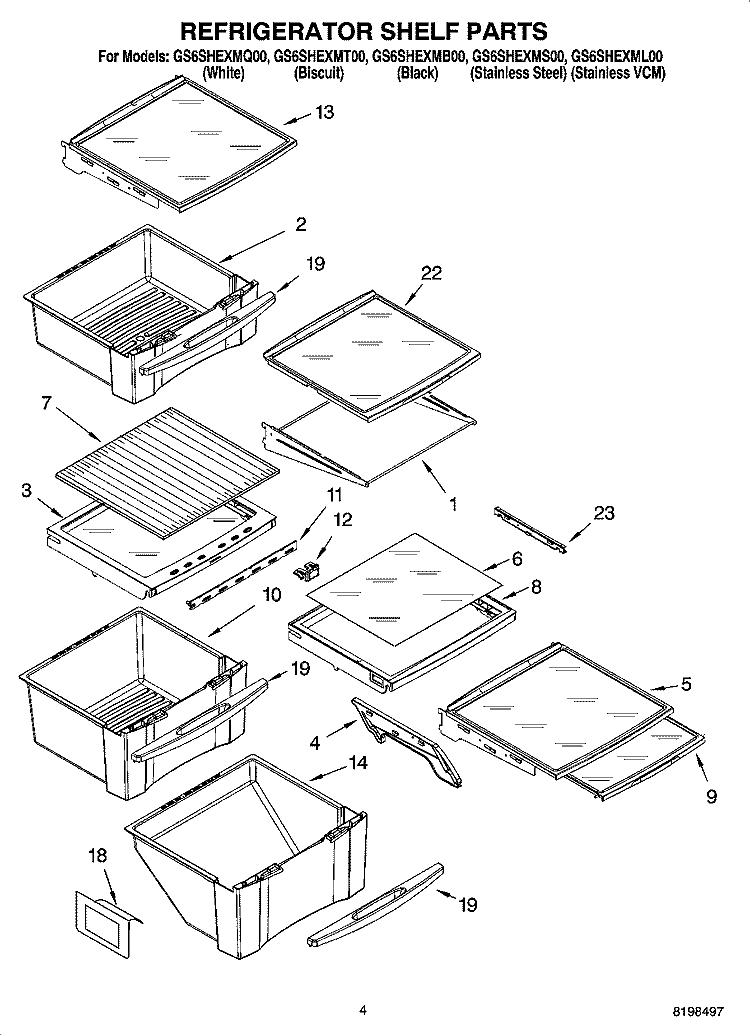 REFRIGERATOR SHELF PARTS Diagram and Parts List for GS6SHEXML00  Whirlpool Refrigerator