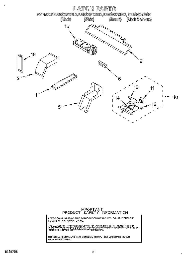 LATCH Diagram and Parts List for KEMS307GWH3  KitchenAid Microwave Oven Combo