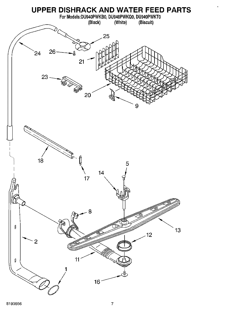 UPPER DISHRACK & WATER FEED Diagram and Parts List for DU940PWKB0  Whirlpool Dishwasher