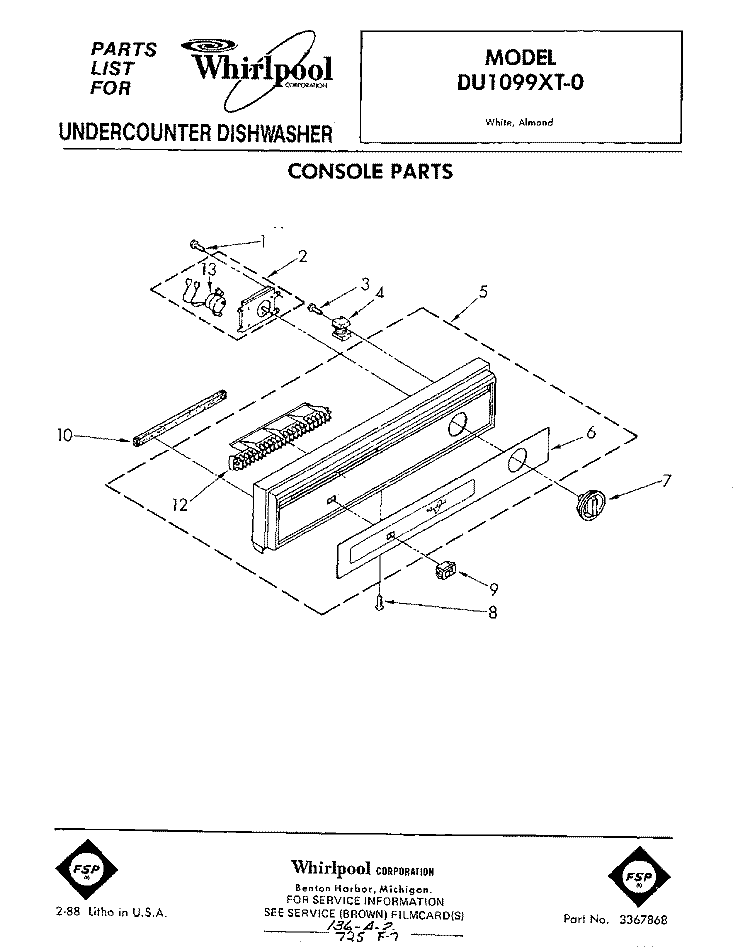 CONSOLE Diagram and Parts List for DU1099XT0  Whirlpool Dishwasher