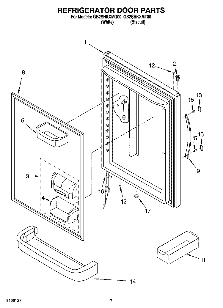 REFRIGERATOR DOOR PARTS Diagram and Parts List for GB2SHKXMQ00  Whirlpool Refrigerator