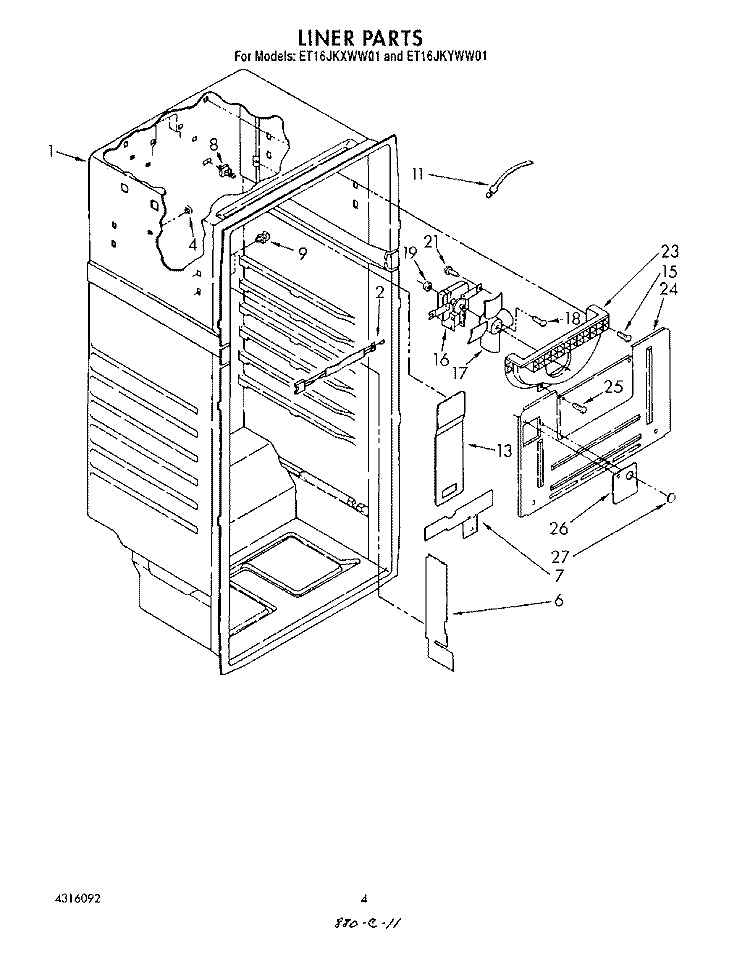 LINER Diagram and Parts List for ET16JKXWN01  Whirlpool Refrigerator