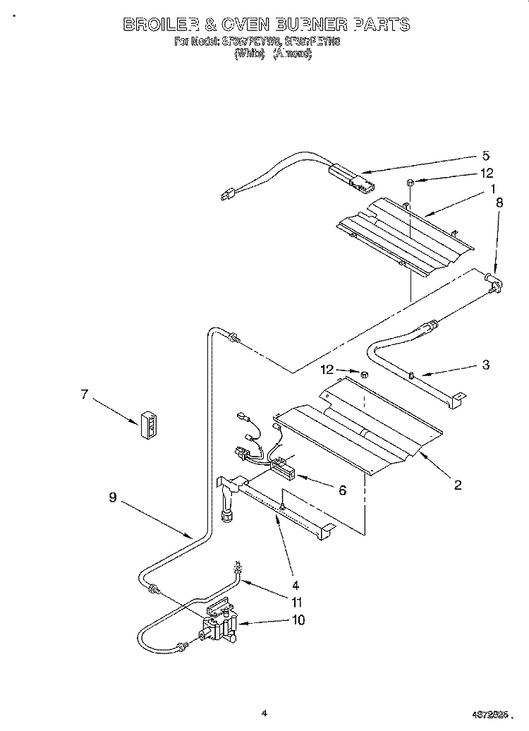 BROILER AND OVEN BURNER Diagram and Parts List for SF387PEYW8  Whirlpool Range
