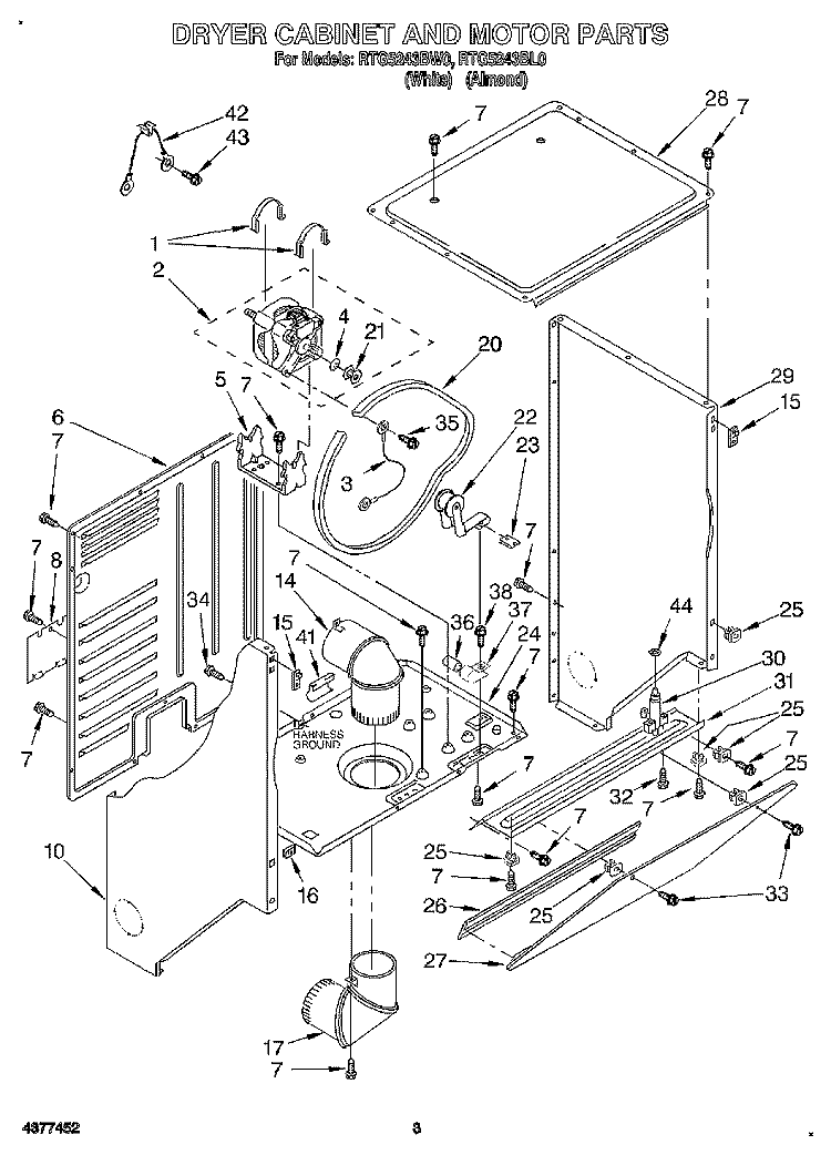 DRYER CABINET AND MOTOR Diagram and Parts List for RTG5243BL0  Roper Washer Dryer Combo