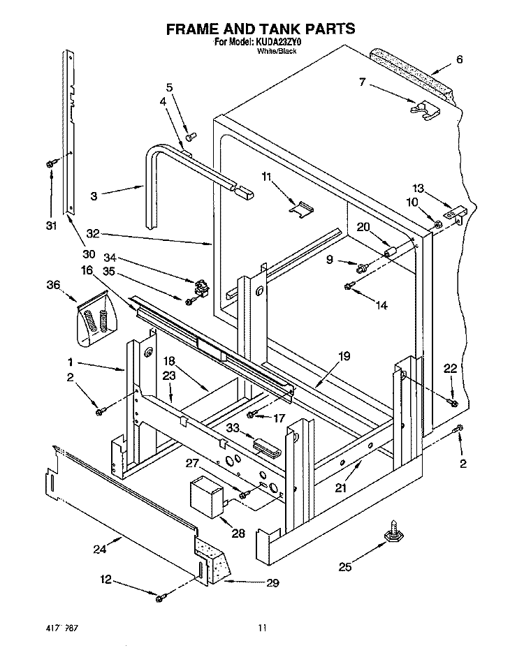 FRAME AND TANK Diagram and Parts List for KUDA23ZY0  KitchenAid Dishwasher