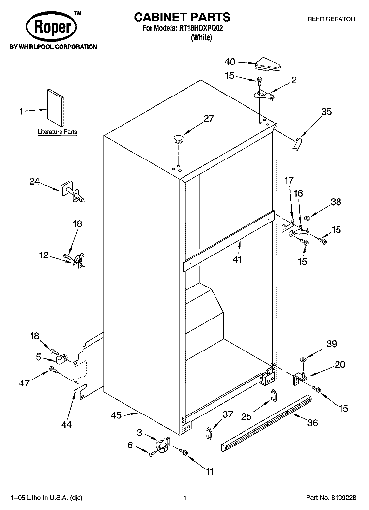 CABINET PARTS Diagram and Parts List for RT18HDXPQ02  Roper Refrigerator