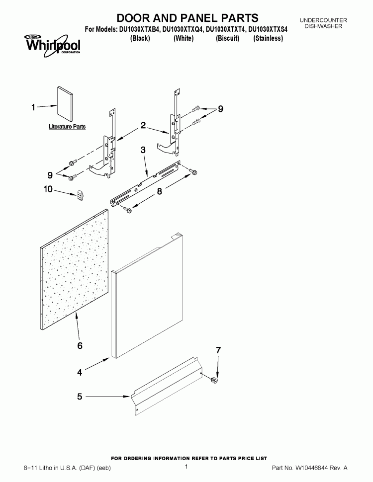 DOOR AND PANEL PARTS Diagram and Parts List for DU1030XTXT4  Whirlpool Dishwasher