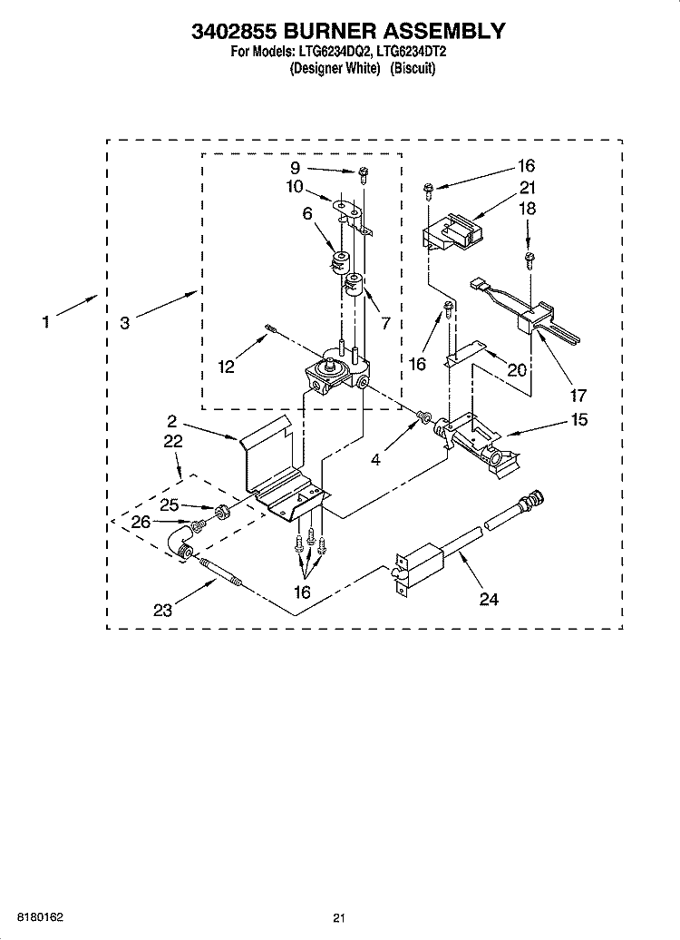 3402855 BURNER ASSEMBLY Diagram and Parts List for LTG6234DT2  Whirlpool Washer Dryer Combo