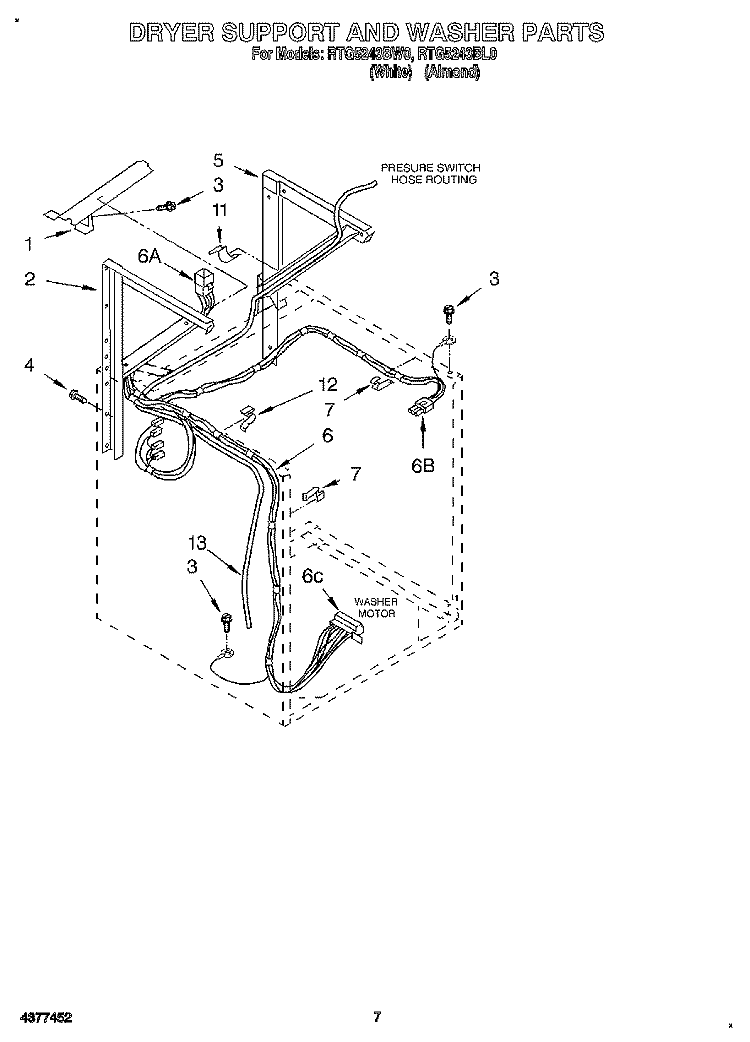 DRYER SUPPORT AND WASHER Diagram and Parts List for RTG5243BL0  Roper Washer Dryer Combo