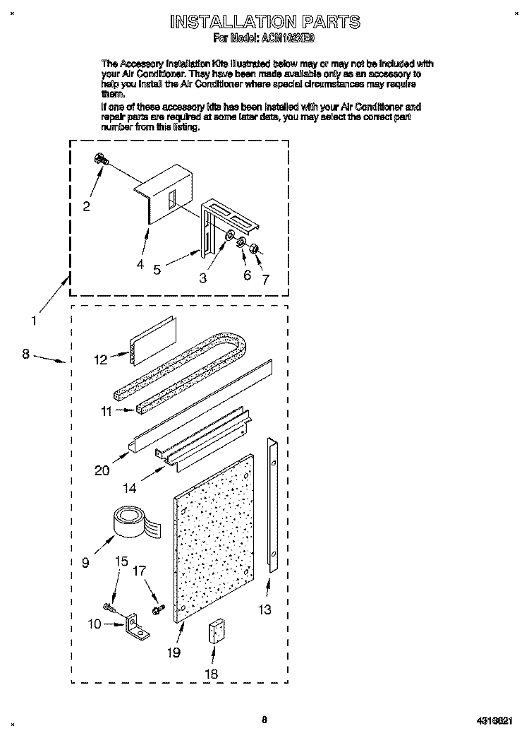 INSTALLATION Diagram and Parts List for ACM102XE0  Whirlpool Air Conditioner