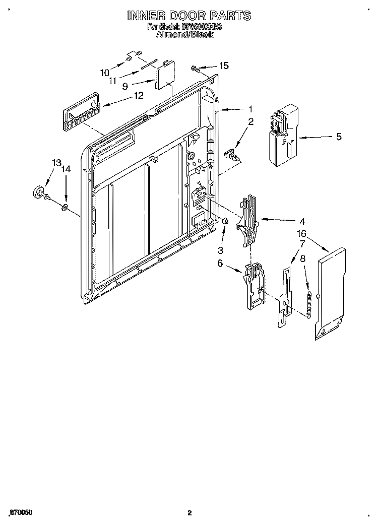 INNER DOOR Diagram and Parts List for DP8500XXN3  Whirlpool Dishwasher