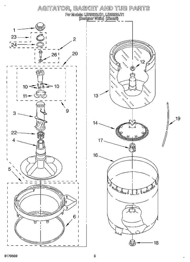 AGITATOR, BASKET AND TUB Diagram and Parts List for LSR8233JT1  Whirlpool Washer