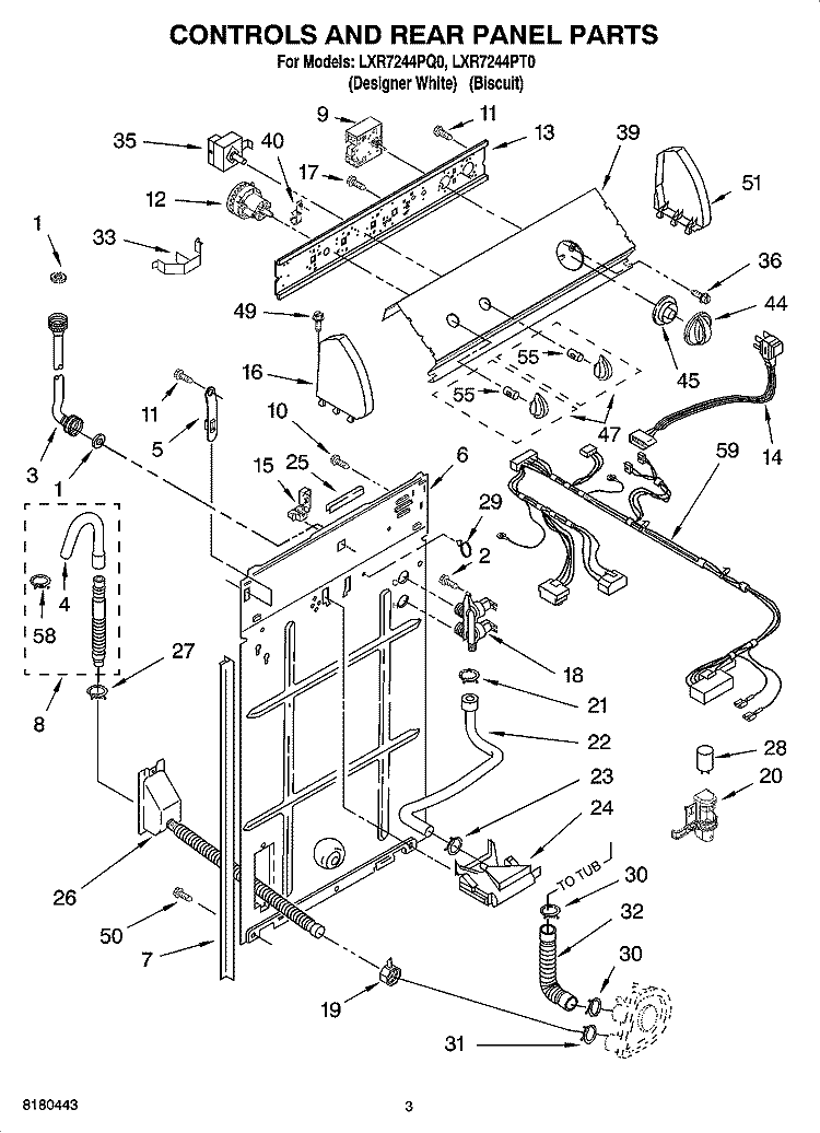 CONTROL AND REAR PANEL PARTS Diagram and Parts List for LXR7244PQ0  Whirlpool Washer