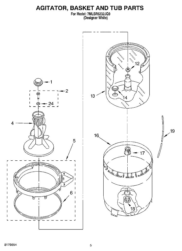 AGITATOR, BASKET AND TUB Diagram and Parts List for 7MLSR6232JQ0  Whirlpool Washer