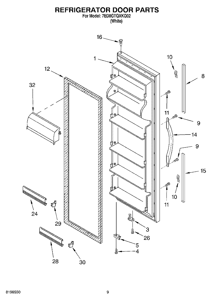 REFRIGERATOR DOOR PARTS Diagram and Parts List for 7ED0GTQXKQ02  Whirlpool Refrigerator