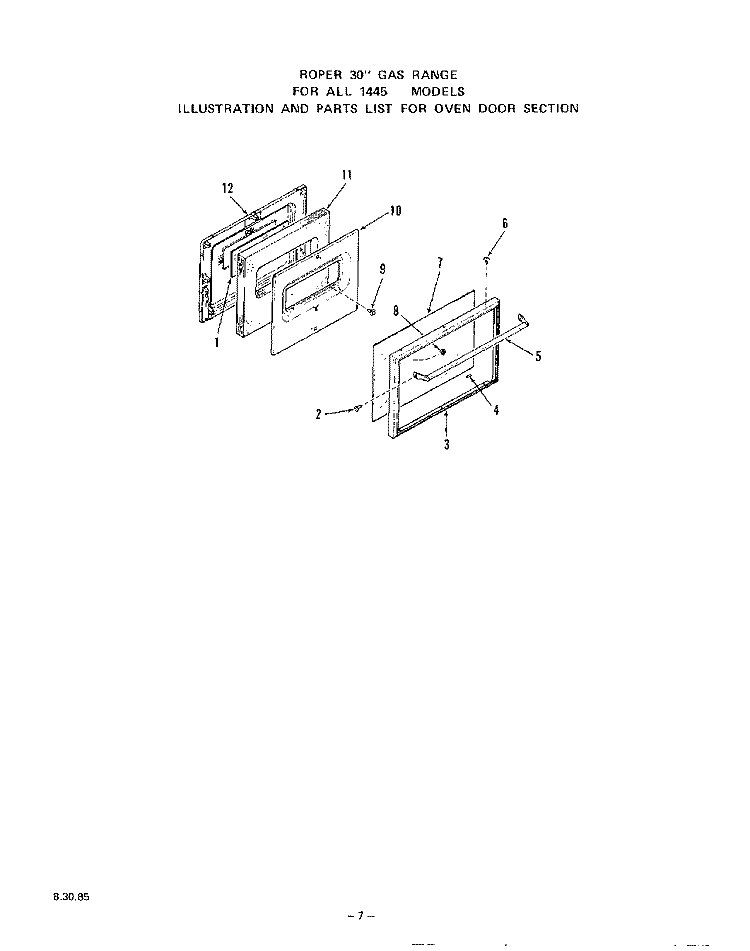 OVEN DOOR Diagram and Parts List for 1445W1A  Roper Range