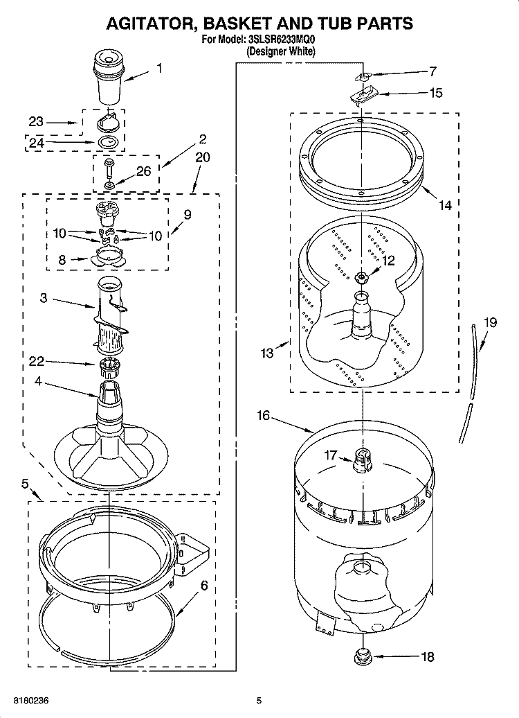 AGITATOR, BASKET AND TUB PARTS Diagram and Parts List for 3SLSR6233MQ0  Whirlpool Washer