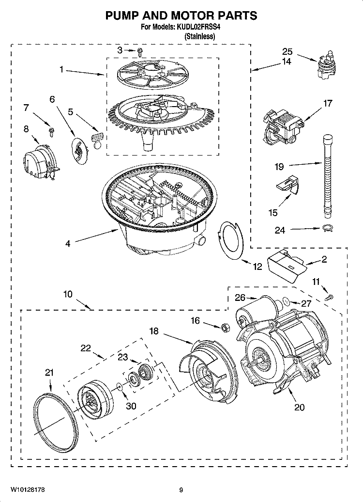 PUMP AND MOTOR PARTS Diagram and Parts List for KUDL02FRSS4  KitchenAid Dishwasher
