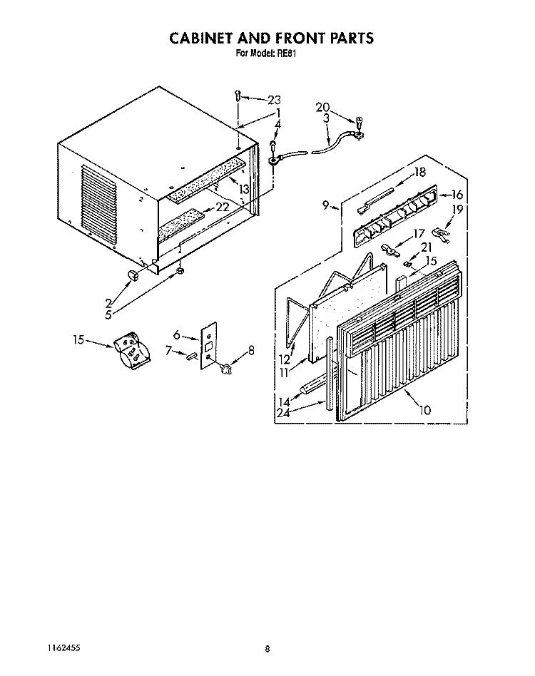 CABINET AND FRONT Diagram and Parts List for RE81  Whirlpool Air Conditioner