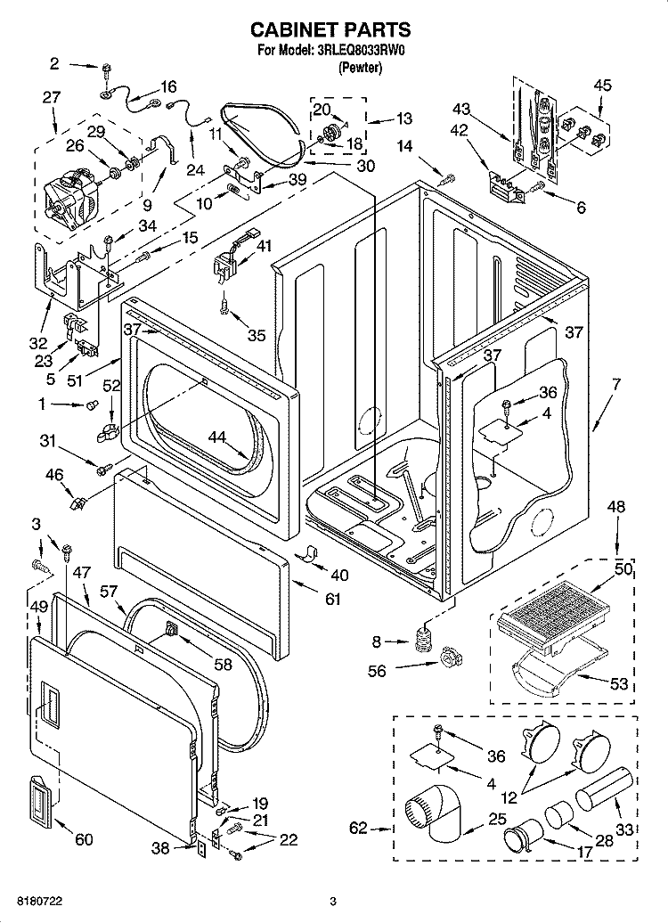 CABINET PARTS Diagram and Parts List for 3RLEQ8033RW0  Whirlpool Dryer