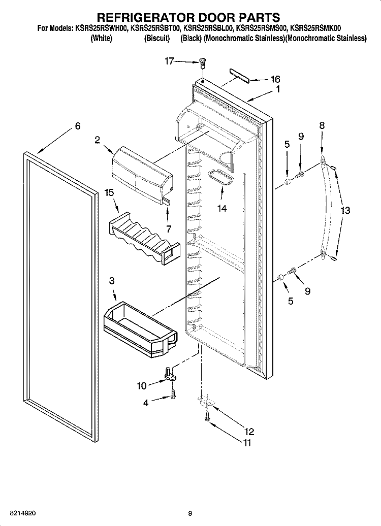 REFRIGERATOR DOOR PARTS Diagram and Parts List for KSRS25RSBL00  KitchenAid Refrigerator