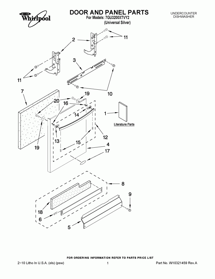 DOOR AND PANEL PARTS Diagram and Parts List for 7GU3200XTVY2  Whirlpool Dishwasher