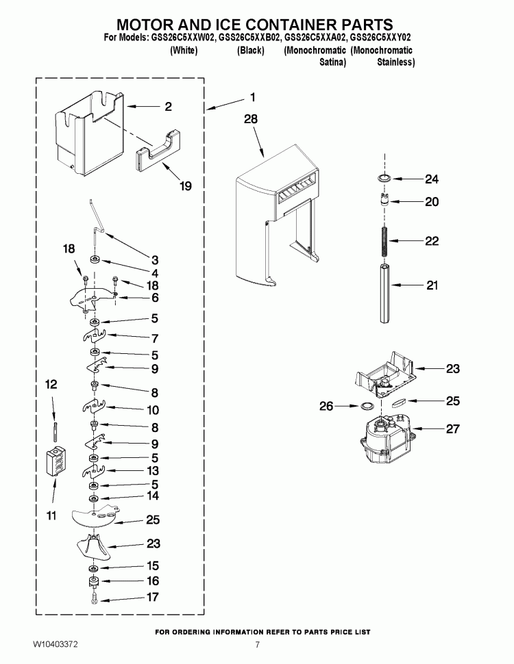 MOTOR AND ICE CONTAINER PARTS Diagram and Parts List for GSS26C5XXB02  Whirlpool Refrigerator