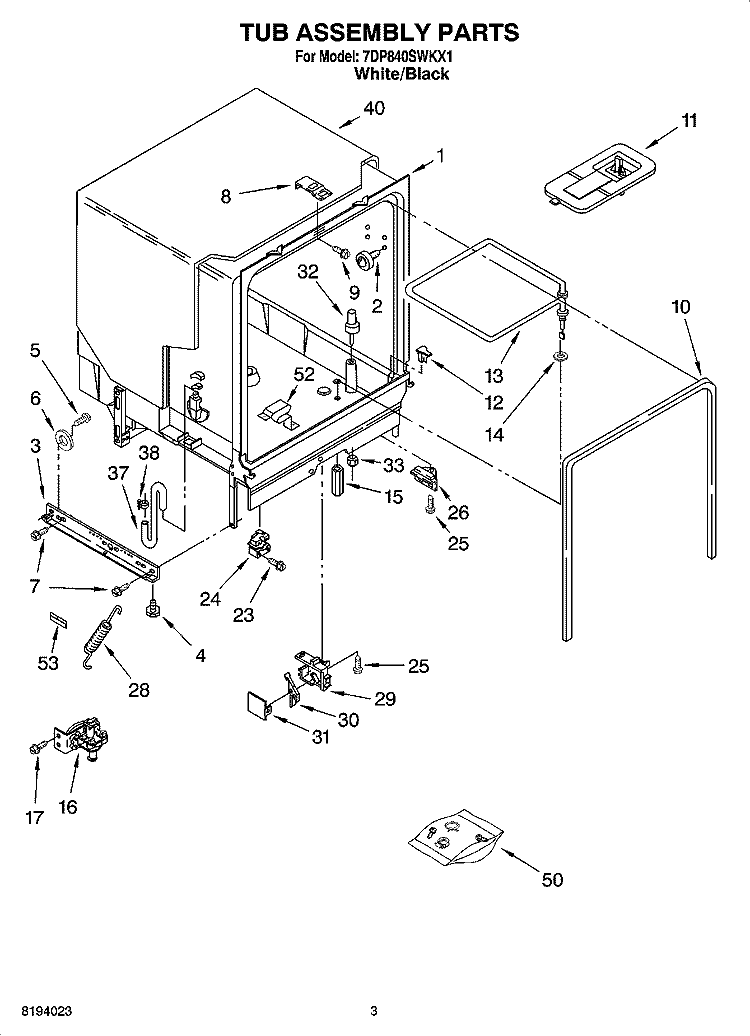 TUB ASSEMBLY PARTS Diagram and Parts List for 7DP840SWKX1  Whirlpool Dishwasher