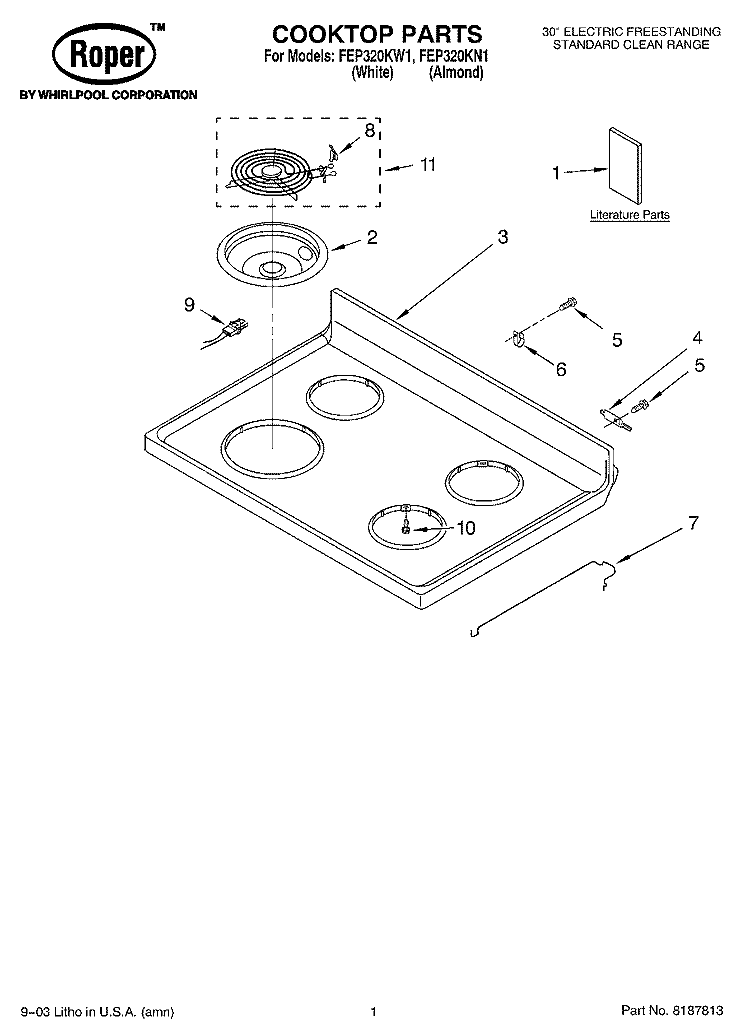 COOKTOP PARTS Diagram and Parts List for FEP320KW1  Roper Range