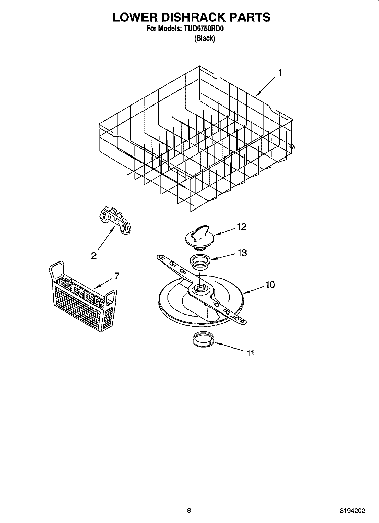 LOWER DISHRACK PARTS, OPTIONAL PARTS (NOT INCLUDED) Diagram and Parts List for TUD6750RD0  Estate Dishwasher
